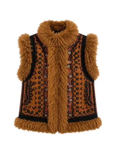 Antik Batik Sandora Embroidered Shearling-trim Waistcoat In Brown