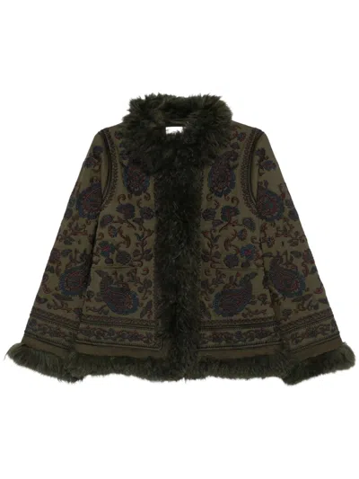 Antik Batik Woven Cotton Mini Jacket With Shearling-like Trims In Green