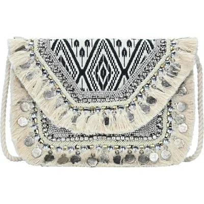 Antik Kraft Fringe Ikat Print Canvas Clutch In Ivory