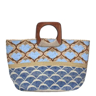 Antik Kraft Women's Printed Jute Tote Bag In Blue In White