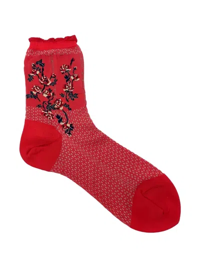 Antipast Floral-embroidered Ruffled Socks In Red