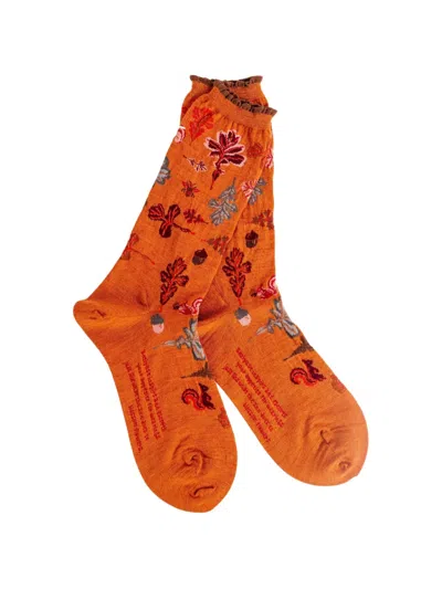 Antipast Leaf-pattern Ruffled-trim Socks In Orange