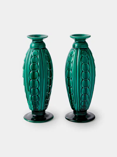 Antique And Vintage 1930s Art Deco Ceramic Vases (set Of 2) In Green