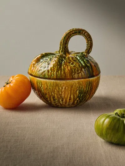 Antique And Vintage 1940s Ceramic Squash Lidded Pot In Orange