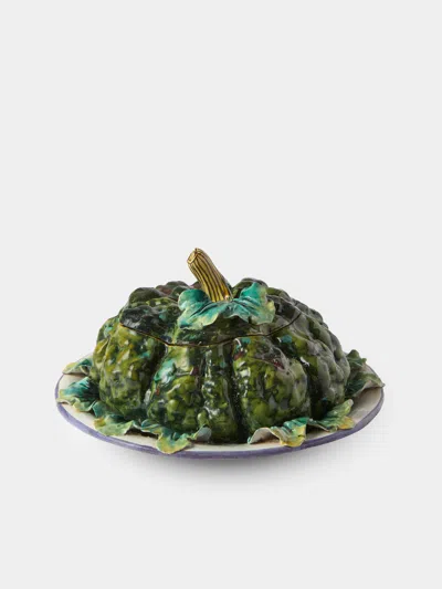 Antique And Vintage 1940s Ginori 1735 Majolica Ceramic Squash Serving Tureen In Green