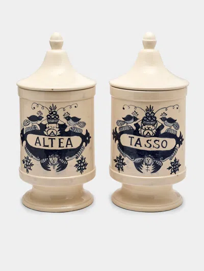 Antique And Vintage 1940s Italian Ceramic Apothecary Jars (set Of 2)
