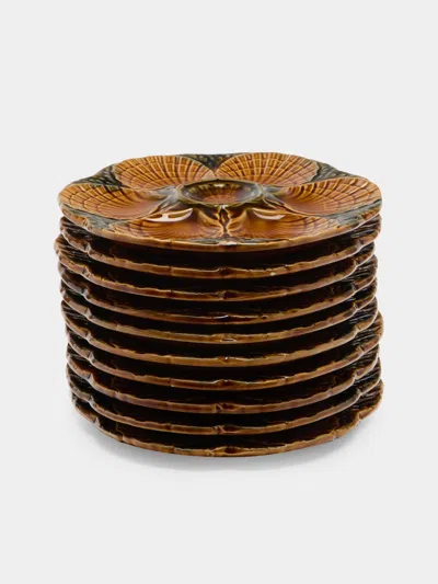 Antique And Vintage 1950s Ceramic Oyster Plates - 9in/23.5cm (set Of 10) In Brown