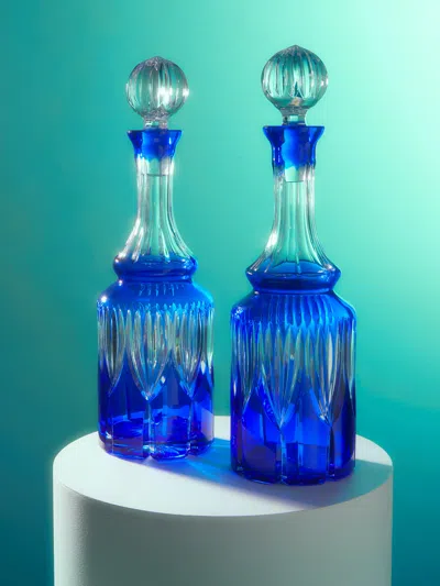 Antique And Vintage 1950s Cut Crystal Decanters (set Of 2) In Blue