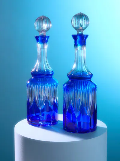 Antique And Vintage 1950s Cut Crystal Decanters (set Of 2) In Blue