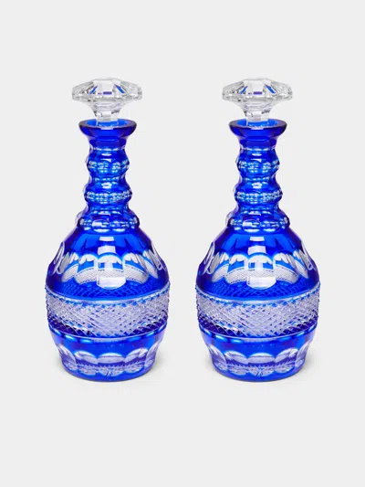 Antique And Vintage 1950s Cut Crystal Decanters (set Of 2) In Blue