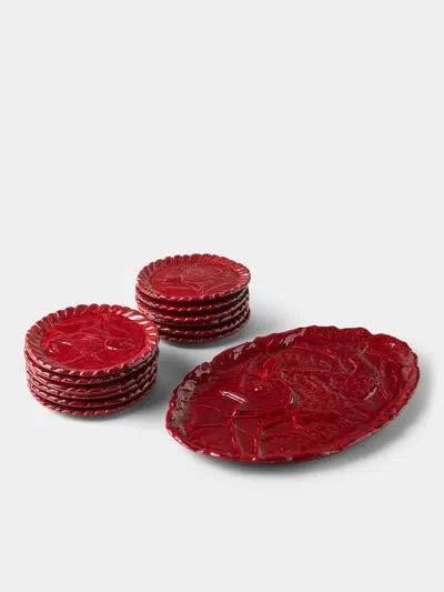 Antique And Vintage 1950s Jerome Massier Ceramic Lobster Platter With Dinner Plates (set Of 12) In Red