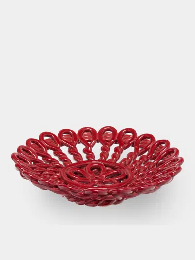 Antique And Vintage 1950s Vallauris Braided Ceramic Bowl In Red