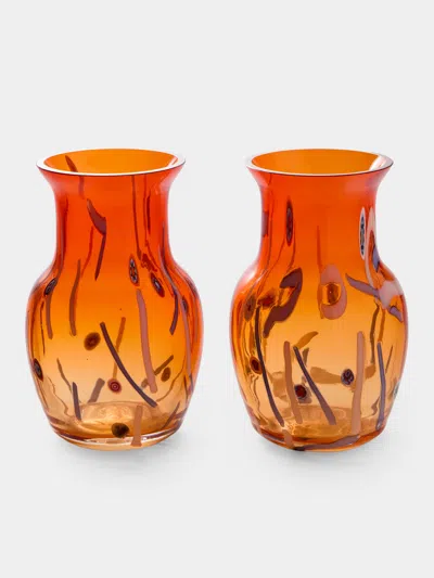 Antique And Vintage 1960s Murano Glass Vases - 11in/28cm (set Of 2) In Orange