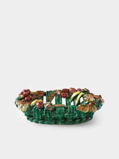 Antique And Vintage 1960s Vallauris Majolica Ceramic Fruit Bowl In Green