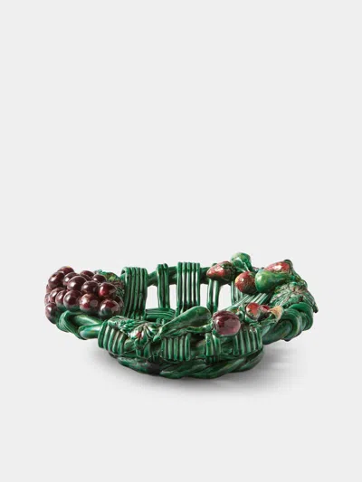 Antique And Vintage 1960s Vallauris Majolica Ceramic Fruit Bowl In Green