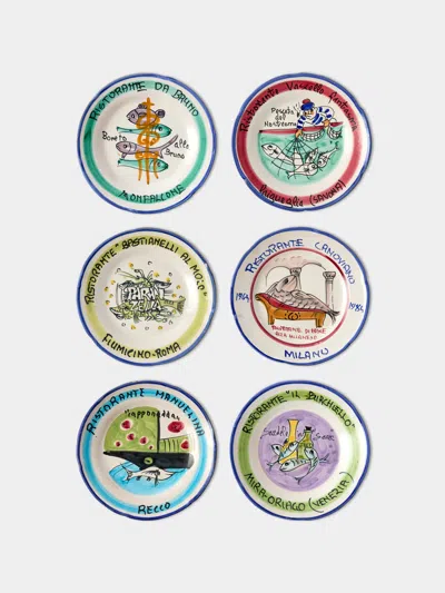 Antique And Vintage Late-20th-century Buon Ricordo Hand-painted Ceramic Dinner Plates - 9in/23cm (set Of 6) In Multi