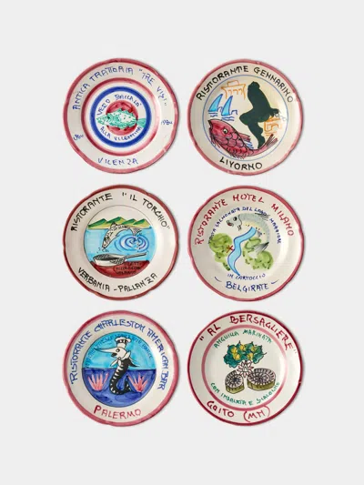Antique And Vintage Late-20th-century Buon Ricordo Hand-painted Ceramic Dinner Plates - 9in/23cm (set Of 6) In Multi