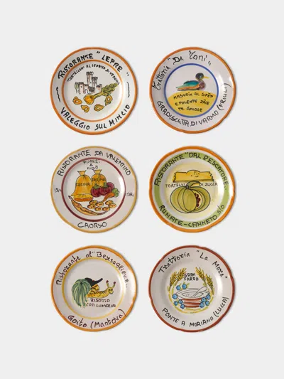 Antique And Vintage Late-20th-century Buon Ricordo Hand-painted Ceramic Dinner Plates - 9in/23cm (set Of 6) In Multi
