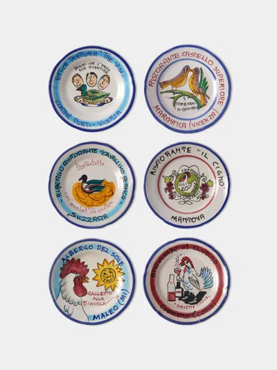 Antique And Vintage Late-20th-century Buon Ricordo Hand-painted Ceramic Dinner Plates - 9in/23cm (set Of 6) In Multi