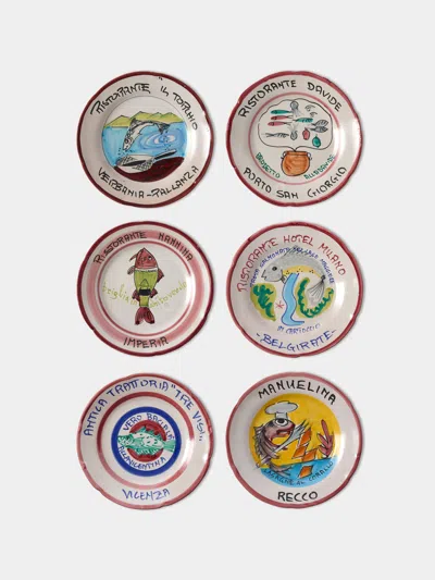 Antique And Vintage Late-20th-century Buon Ricordo Hand-painted Ceramic Dinner Plates - 9in/23cm (set Of 6) In Multi