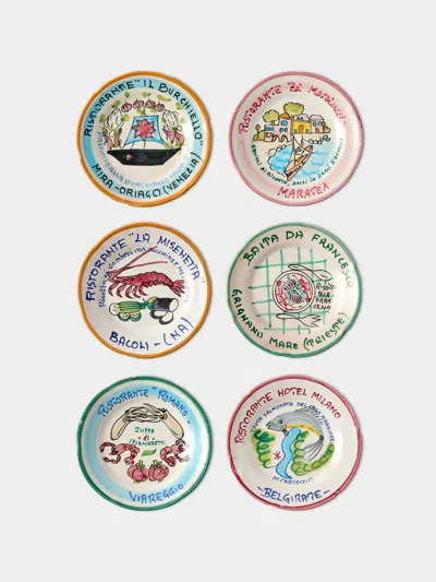 Antique And Vintage Late-20th-century Buon Ricordo Hand-painted Ceramic Dinner Plates - 9in/23cm (set Of 6) In Multi