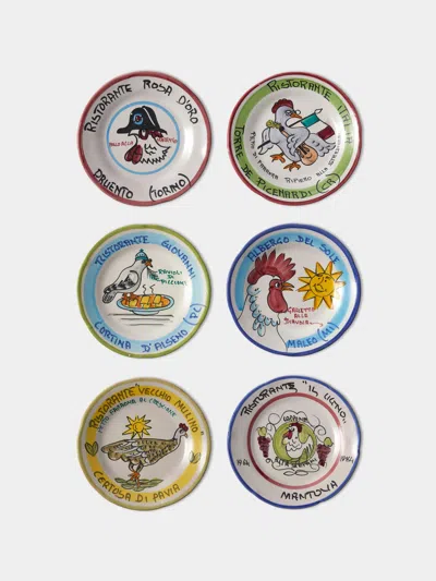 Antique And Vintage Late-20th-century Buon Ricordo Hand-painted Ceramic Dinner Plates - 9in/23cm (set Of 6) In Multi