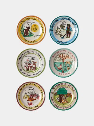 Antique And Vintage Late-20th-century Buon Ricordo Hand-painted Ceramic Dinner Plates - 9in/23cm (set Of 6) In Multi