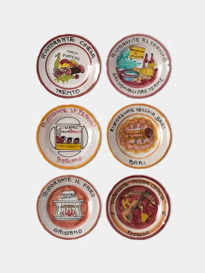 Antique And Vintage Late-20th-century Buon Ricordo Hand-painted Ceramic Dinner Plates - 9in/23cm (set Of 6) In Multi