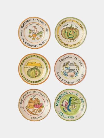 Antique And Vintage Late-20th-century Buon Ricordo Hand-painted Ceramic Dinner Plates - 9in/23cm (set Of 6) In Multi