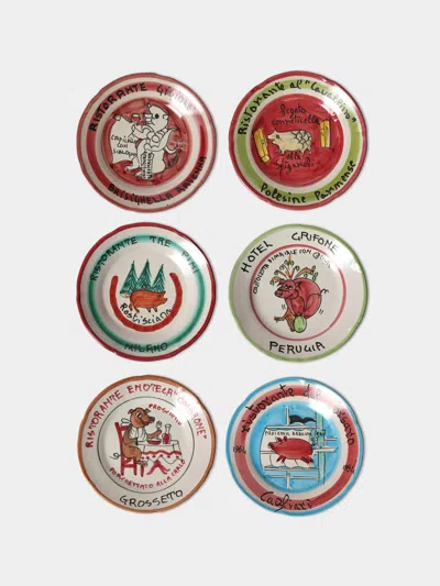 Antique And Vintage Late-20th-century Buon Ricordo Hand-painted Ceramic Dinner Plates - 9in/23cm (set Of 6) In Multi