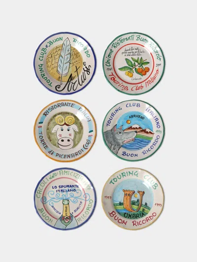 Antique And Vintage Late-20th-century Buon Ricordo Hand-painted Ceramic Dinner Plates - 9in/23cm (set Of 6) In Multi