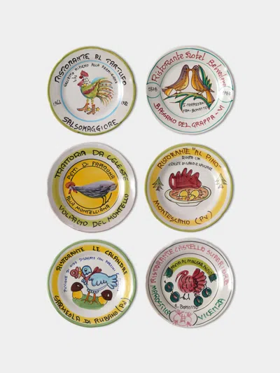 Antique And Vintage Late-20th-century Buon Ricordo Hand-painted Ceramic Dinner Plates - 9in/23cm (set Of 6) In Multi