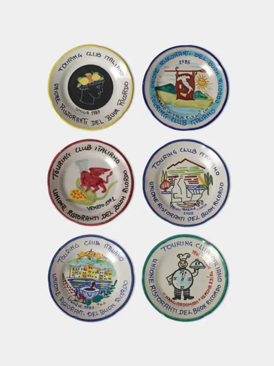 Antique And Vintage Late-20th-century Buon Ricordo Hand-painted Ceramic Dinner Plates - 9in/23cm (set Of 6) In Multi