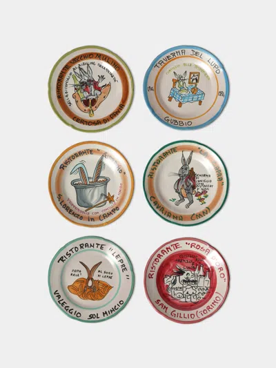 Antique And Vintage Late-20th-century Buon Ricordo Hand-painted Ceramic Dinner Plates - 9in/23cm (set Of 6) In Multi