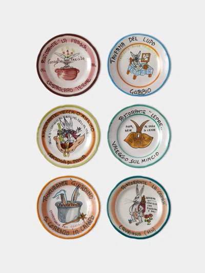 Antique And Vintage Late-20th-century Buon Ricordo Hand-painted Ceramic Dinner Plates - 9in/23cm (set Of 6) In Multi