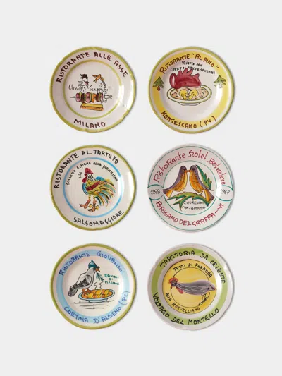 Antique And Vintage Late-20th-century Buon Ricordo Hand-painted Ceramic Dinner Plates - 9in/23cm (set Of 6) In Multi
