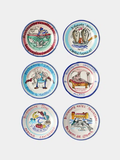 Antique And Vintage Late-20th-century Buon Ricordo Hand-painted Ceramic Dinner Plates - 9in/23cm (set Of 6) In Multi