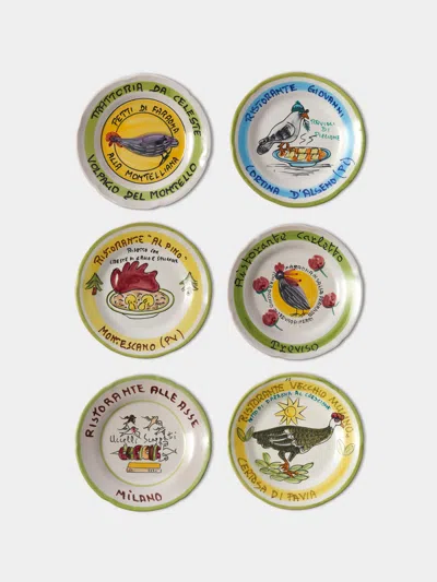 Antique And Vintage Late-20th-century Buon Ricordo Hand-painted Ceramic Dinner Plates - 9in/23cm (set Of 6) In Multi