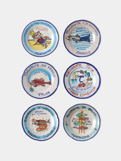 Antique And Vintage Late-20th-century Buon Ricordo Hand-painted Ceramic Dinner Plates - 9in/23cm (set Of 6) In Multi