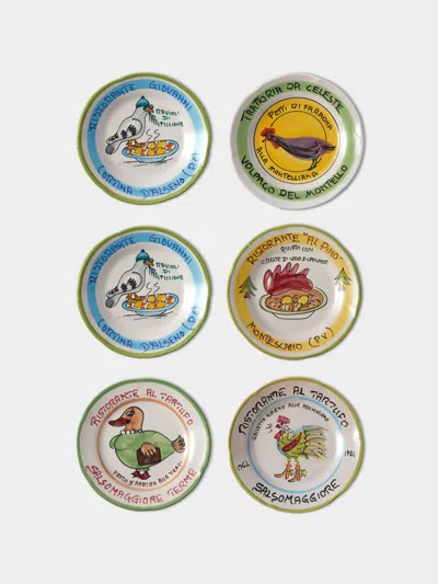 Antique And Vintage Late-20th-century Buon Ricordo Hand-painted Ceramic Dinner Plates - 9in/23cm (set Of 6) In Multi