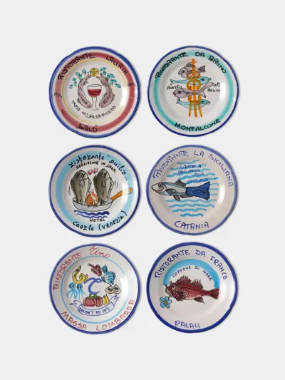 Antique And Vintage Late-20th-century Buon Ricordo Hand-painted Ceramic Dinner Plates - 9in/23cm (set Of 6) In Multi