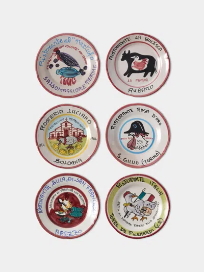 Antique And Vintage Late-20th-century Buon Ricordo Hand-painted Ceramic Dinner Plates - 9in/23cm (set Of 6) In Multi