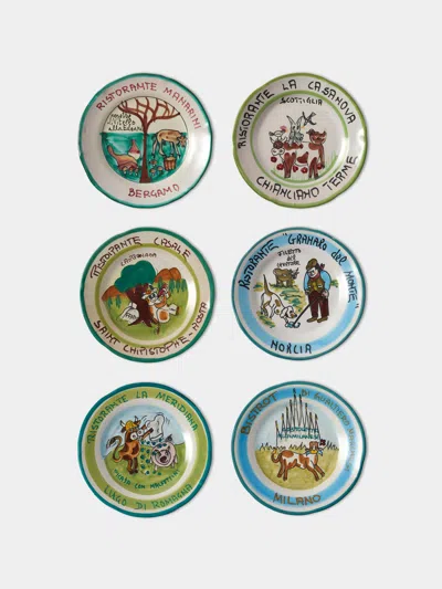 Antique And Vintage Late-20th-century Buon Ricordo Hand-painted Ceramic Dinner Plates - 9in/23cm (set Of 6) In Multi