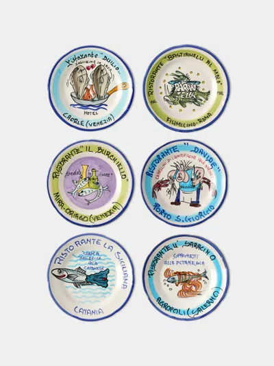 Antique And Vintage Late-20th-century Buon Ricordo Hand-painted Ceramic Dinner Plates - 9in/23cm (set Of 6) In Multi