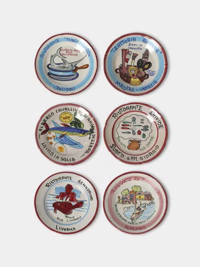 Antique And Vintage Late-20th-century Buon Ricordo Hand-painted Ceramic Dinner Plates - 9in/23cm (set Of 6) In Multi