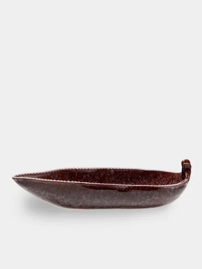 Antique And Vintage Mid-century Accolay Leaf Ceramic Bowl In Brown