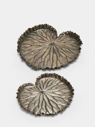 Antique And Vintage Mid-century Buccellati Lilypad Silver-plated Trays (set Of 2) In Brown