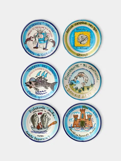 Antique And Vintage Mid-century Buon Ricordo Hand-painted Ceramic Dinner Plates (set Of 6)