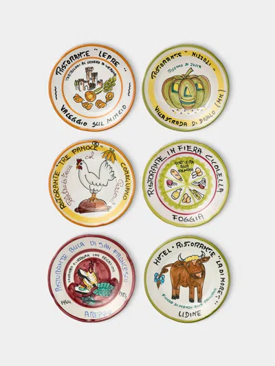 Antique And Vintage Mid-century Buon Ricordo Hand-painted Ceramic Dinner Plates (set Of 6)