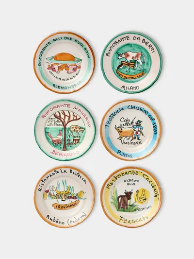 Antique And Vintage Mid-century Buon Ricordo Hand-painted Ceramic Dinner Plates (set Of 6)